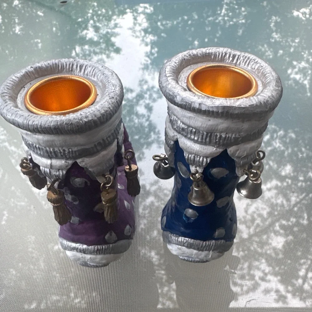Vintage 2002 Oxford Elite Boot Candle Holders Set 2 Purple Blue Western Bells